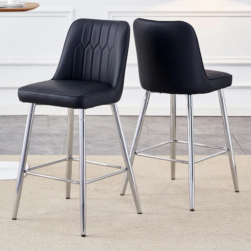 Lot de 2 tabourets de bar hauteur, design moderne et confortable, dossier incurvé et repose-pieds, 42x45x100 cm, Noir+Argenté