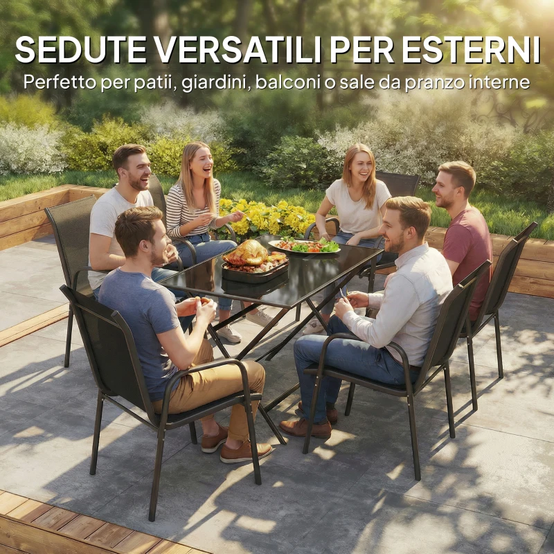 Outsunny Set 6 Sedie Impilabili e Traspiranti con Braccioli e Schienale Alto, in Metallo e Poliestere, 51L x 69P x 87A cm, Nero