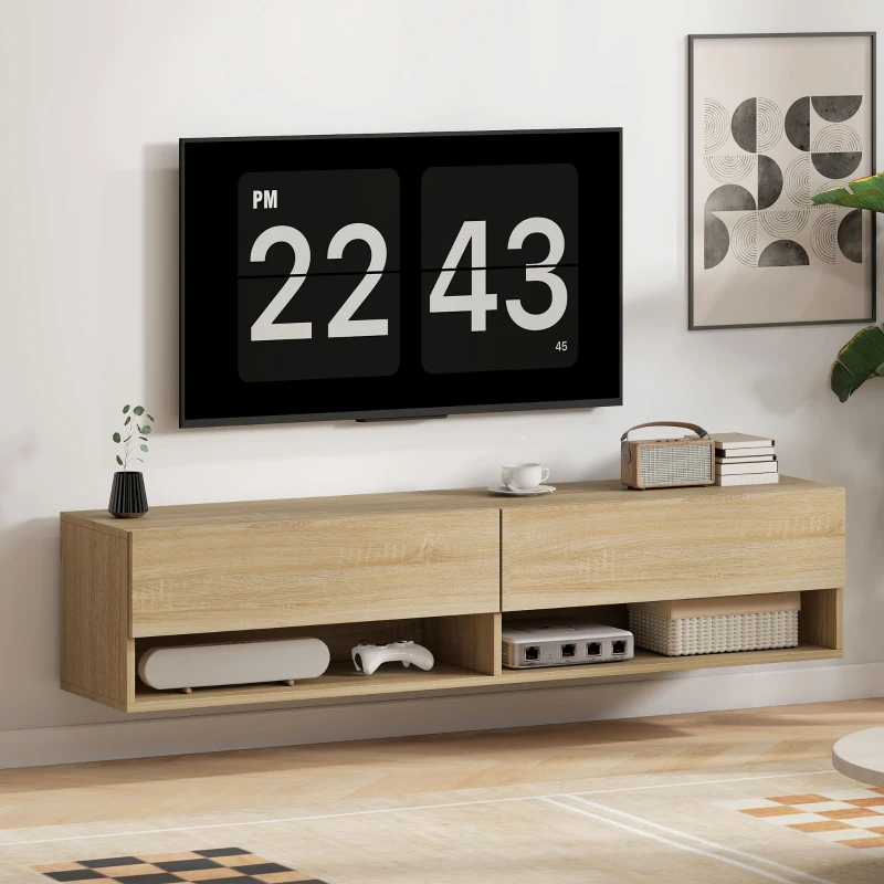 HOMCOM Mueble de TV Suspendido 2 Cajones Abatibles 2 Estantes Abiertos para Televisión 60 Pulgadas 140x32x31 cm Madera Natural