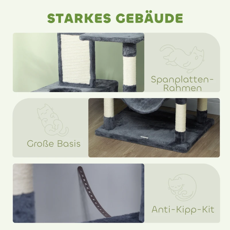 PawHut Krabpaal 206 cm Kattentoren met Grot, 2 Speelballen, Sisalstammen, Platform voor Grote Katten, Donkergrijs
