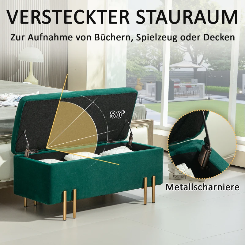 HOMCOM Opbergbank, Gestoffeerde Bank met Opbergruimte, Metaal, Rubberhout, Schuim, 100 x 40 x 42 cm, Groen