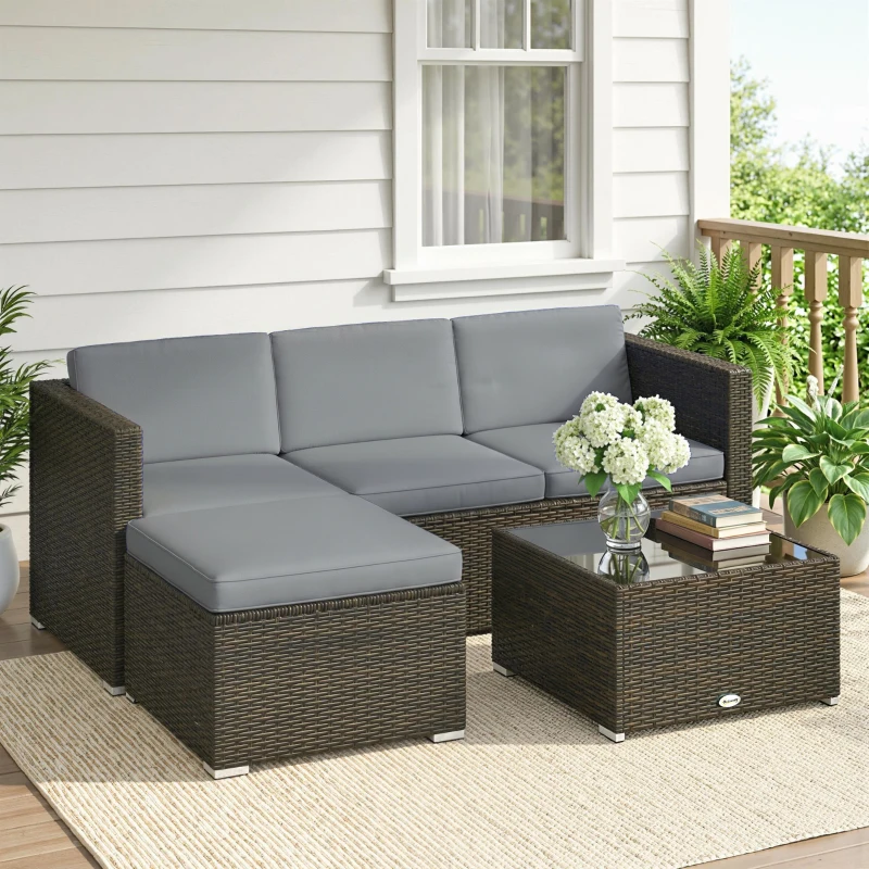 Outsunny 3 Pieces Garden Furniture Set w/ Cushions, PE Rattan Wicker Conversation Corner Sofa Set, Light Grey