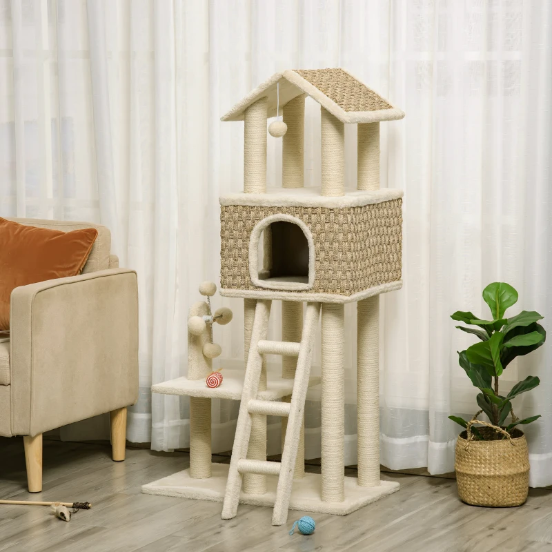 Pawhut Arbre à chats style cosy chic griffoirs sisal naturel niche plateformes échelle jeux boule suspendue moulin à vent peluche courte panneaux particules algues 69 x 40 x 131 cm crème kaki