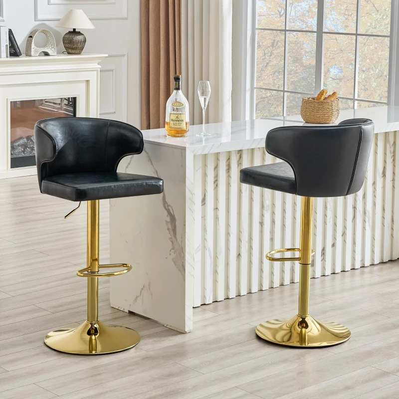 Lot de 2 tabourets de bar avec dossier, réglables en hauteur et pivotants 360°, 49.7x45x110 cm, Noir