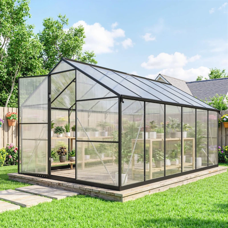 Outsunny Serre de jardin en aluminium polycarbonate, serre avec fenêtres supérieures réglables 363x247x205cm noir