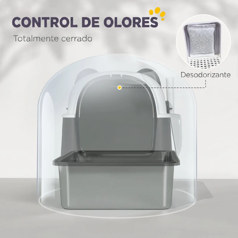 PawHut Arenero para Gatos Grandes Cubierto XL de Acero Inoxidable con Tapa Abatible Pala Bolsa Desodorante Diseño Panda Negro