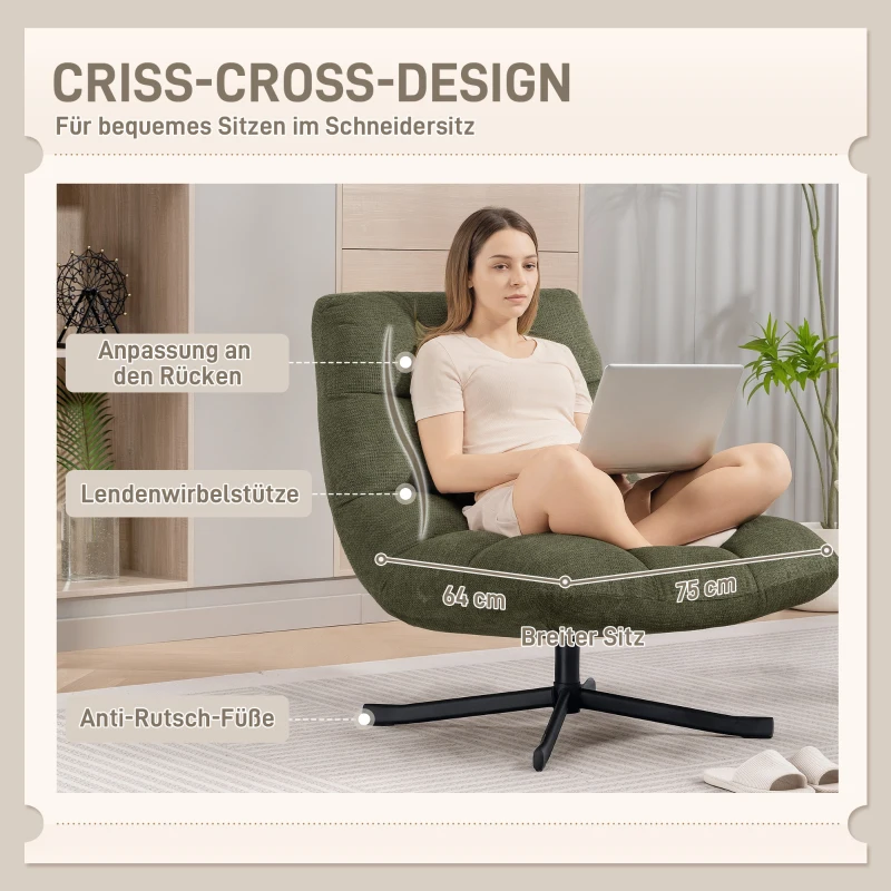 HOMCOM Draaifauteuil loungestoel met brede zitting, waterafstotende chenille-look, gekruiste stalen poten, groen(m-4)