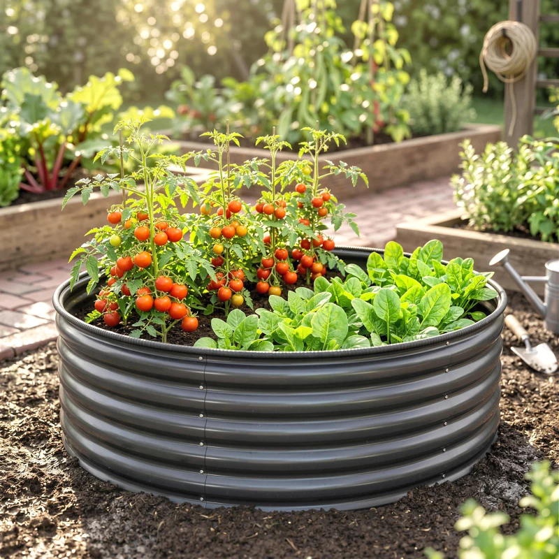 Outsunny Galvanised Raised Garden Bed with Safety Edging, Outdoor Raised Planter Box with Gloves, 120 x 120 x 43cm, Dark Grey