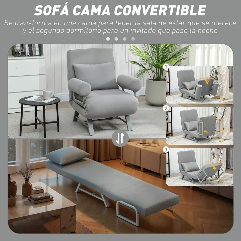 HOMCOM Sillón Cama Individual 3 en 1 Sofá Cama Plegable con Respaldo Ajustable y Cojín para Sala Dormitorio 73x78x81 cm Gris