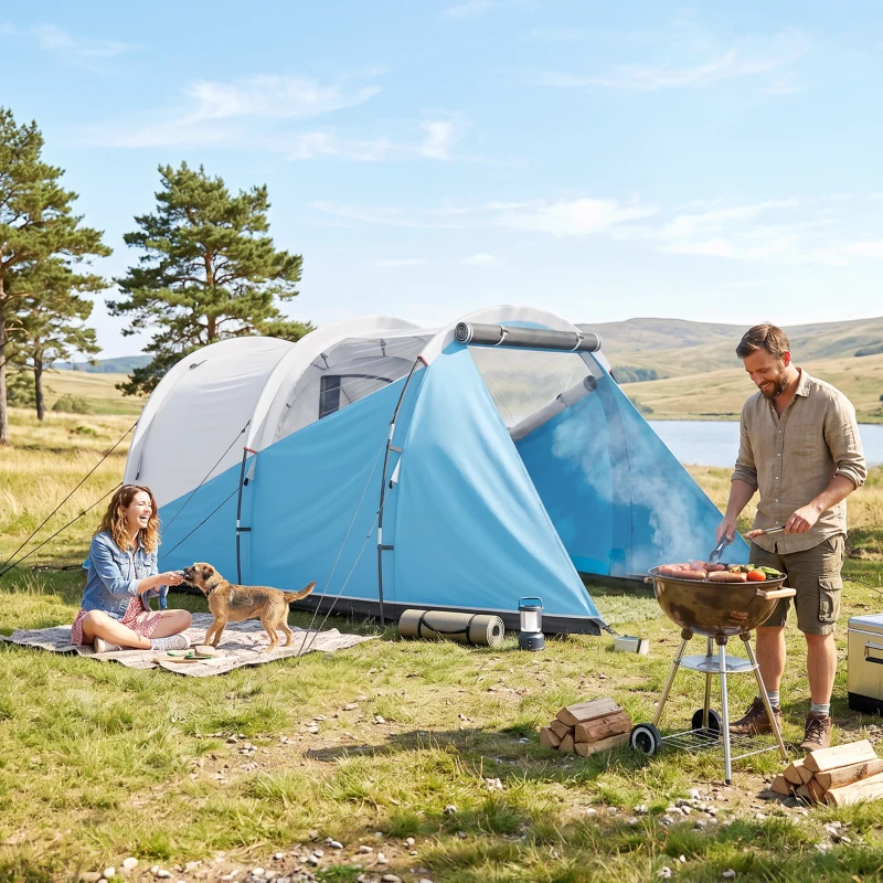 Outsunny Tente de camping familiale 3 personnes, tente tunnel imperméable, 2 portes fenêtres, ventilée 4,6 x 2,6 x 1,9 m, bleu