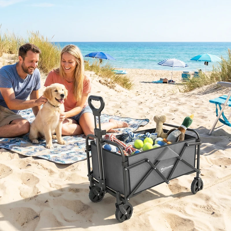 Outsunny Chariot de Jardin Charrette de Transport Pliable Tout-Terrain 66L Charge 68kg Poignée Réglable 81 x 45 x 89 cm Gris