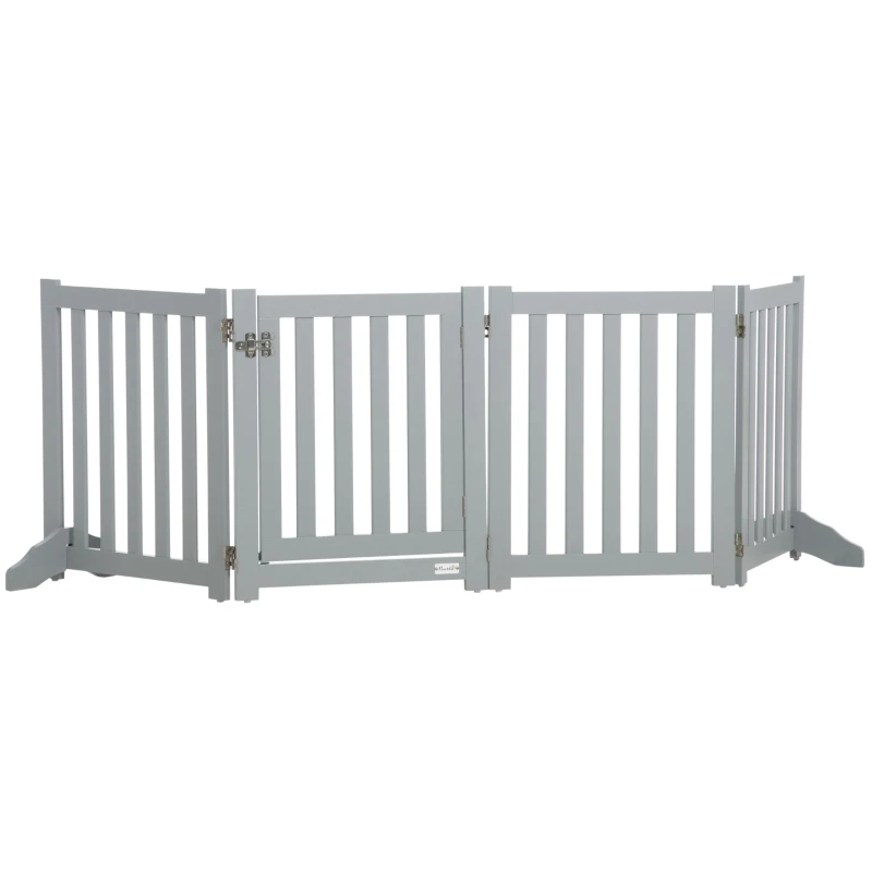 PawHut Barrière de Sécurité Chien Pliable Double Face en Bois, 4 Panneaux avec Porte, Pieds de Support, 205 x 60 cm, Gris