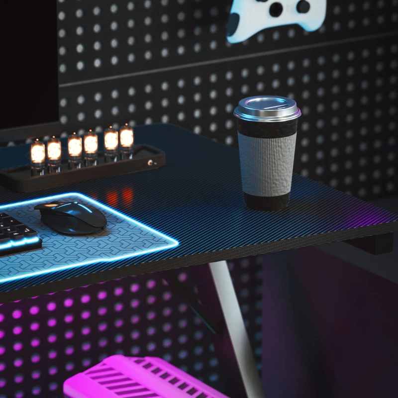 HOMCOM Birou Gaming cu lumini LED RGB reglabil și picioare în formă de K, din lemn și oțel, 120x60x75 cm, negru