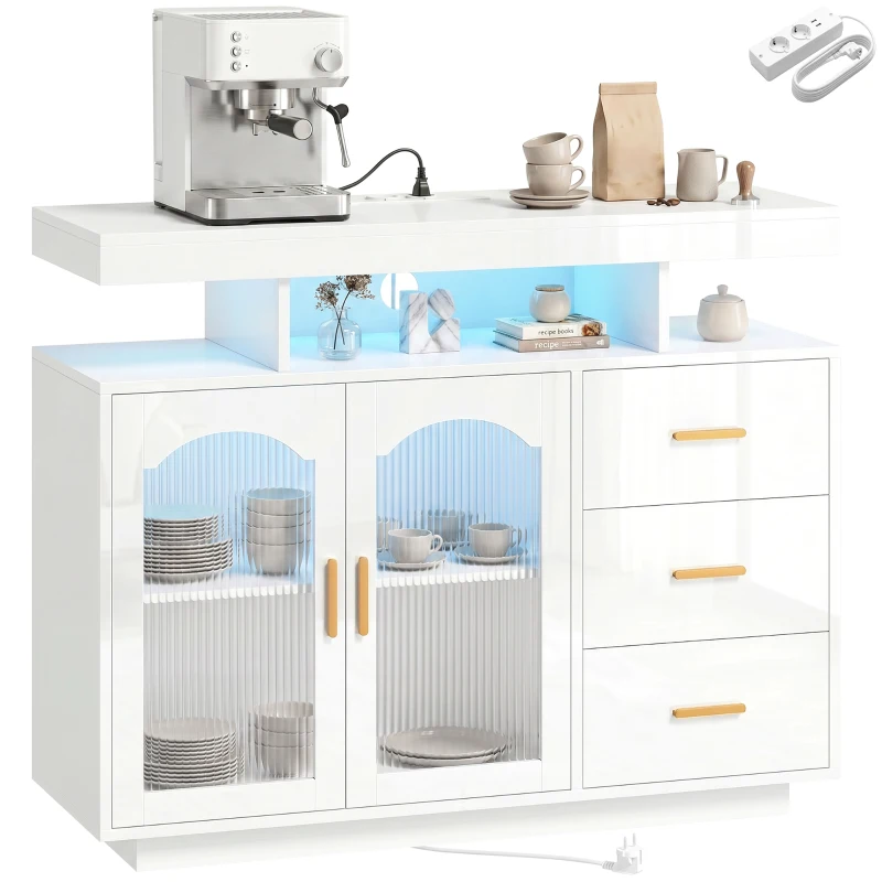 HOMCOM Dressoir met ledverlichting, ingebouwde stopcontacten, 3 lades, planken en 2 acryldeuren, hoogglans wit