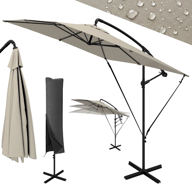Outsunny Parasol Excéntrico 247x247 cm con Base Cruzada Manivela Funda Protectora y Toldo Giratorio 360° 247x247x256 cm Caqui