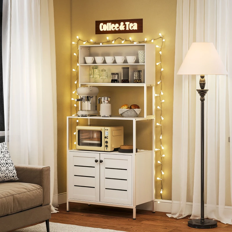 HOMCOM Mobile Dispensa con Ripiani, Armadietti e 2 Prese di Ricarica, in Legno e Acciaio, 80x42x171 cm, Bianco