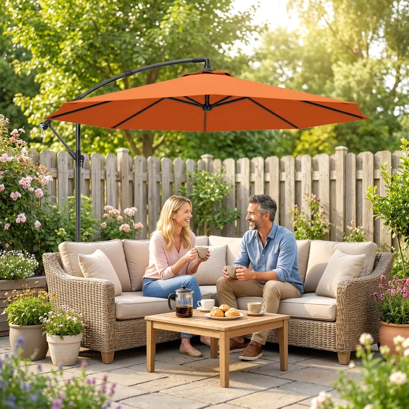 Outsunny 3 m Cantilever Parasol with Cross Base, Offset Outdoor Umbrella with Crank Handle, Hanging Sun Shade, Orange