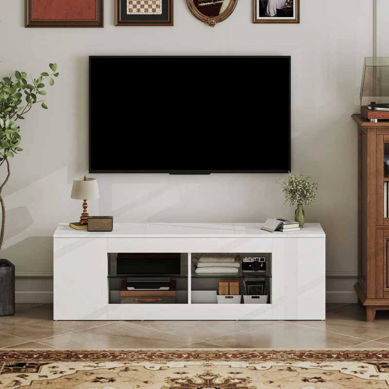 HOMCOM 140 cm tv-standaard, tv-dressoir, 6 vakken, 2 glazen planken, spaanplaat, wit