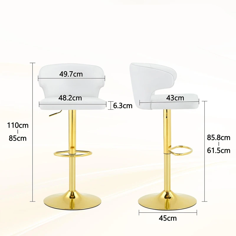 Lot de 2 tabourets de bar avec dossier, réglables en hauteur et pivotants 360°, 49.7x45x110 cm, Blanc