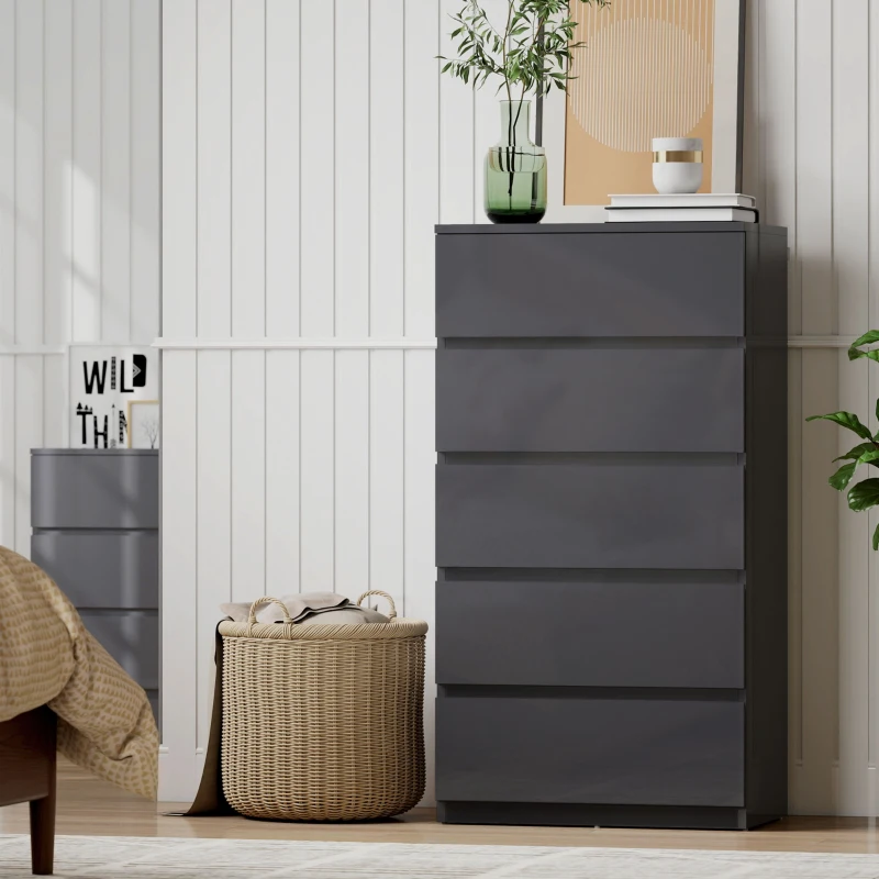 HOMCOM Commode 5 tiroirs, meuble de rangement à haute brillance, fermeture douce et silencieuse, 53 x 34 x 100 cm, gris