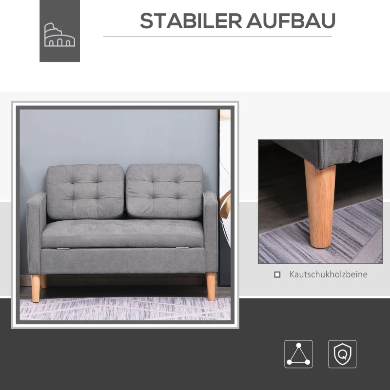 HOMCOM 2 zits bank moderne kleine stoffen dubbele slaapbank afneembaar kussen rubberhout katoen woonkamer grijs(m-5)