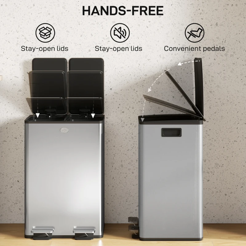 HOMCOM 56L Dual Compartment Stainless Steel Bin, with Deodoriser Holders - Silver Tone
