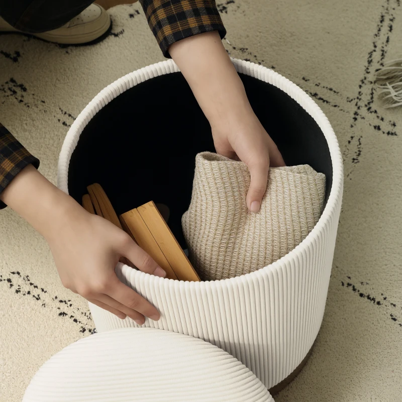 HOMCOM Zitpoef met Opbergruimte, Opvouwbare Poef met Deksel, Stalen Bodem, Ronde Voetenpoef 36 x 36 x 44 cm Crèmewit