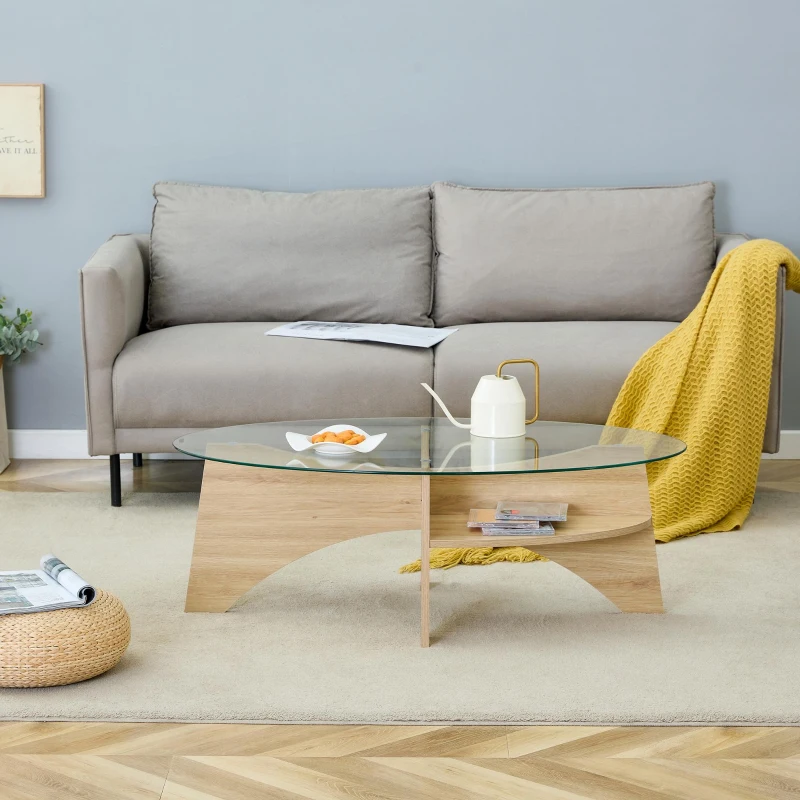 Table basse ronde en verre, design moderne, patins antidérapants, 104.9x60x35.6 cm, Couleur naturelle