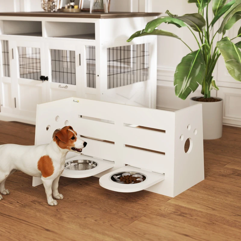 PawHut Comedero Elevado Doble para Perros con Altura Ajustable y Sistema de Alimentación Lenta 63x58,5x40 cm Blanco
