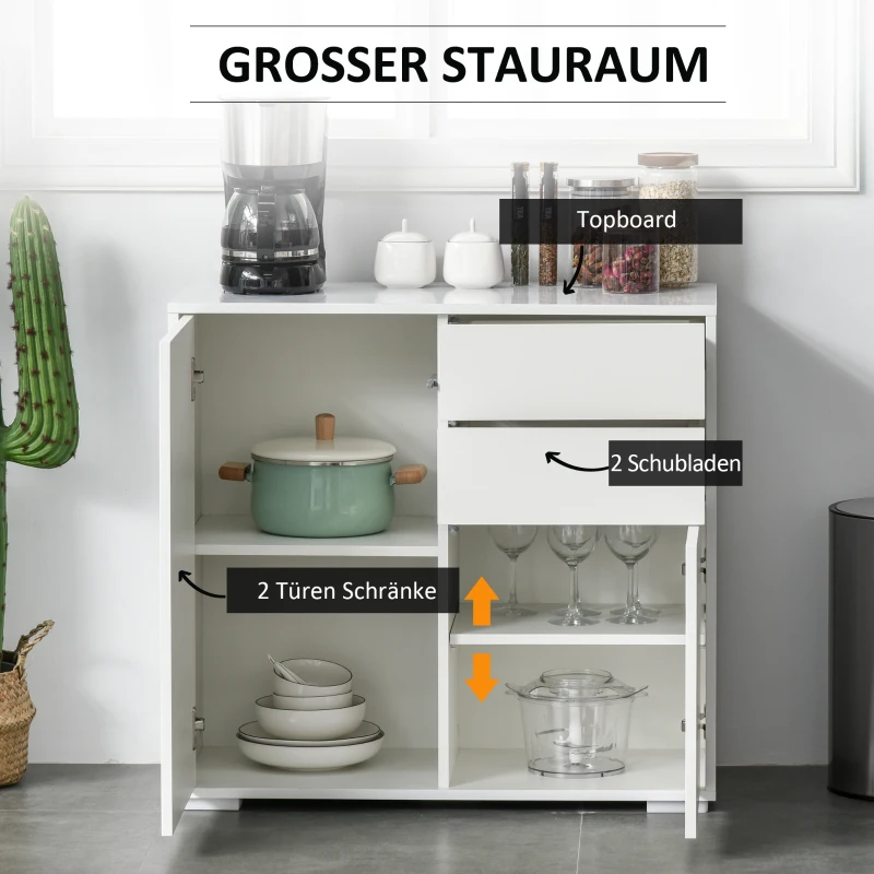 HOMCOM vrijstaande kast opbergkast multifunctionele kast archiefkast dressoir 2 lades 2 deuren E1 spaanplaat wit 79 x 36 x 74 cm