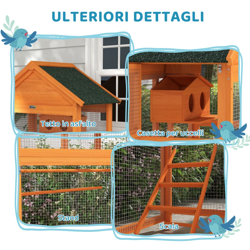 PawHut Voliera per Uccelli a 3 Porte con Casetta, Scaletta e Vassoio, in Legno e Metallo, 92x52x171 cm, Arancione e Verde