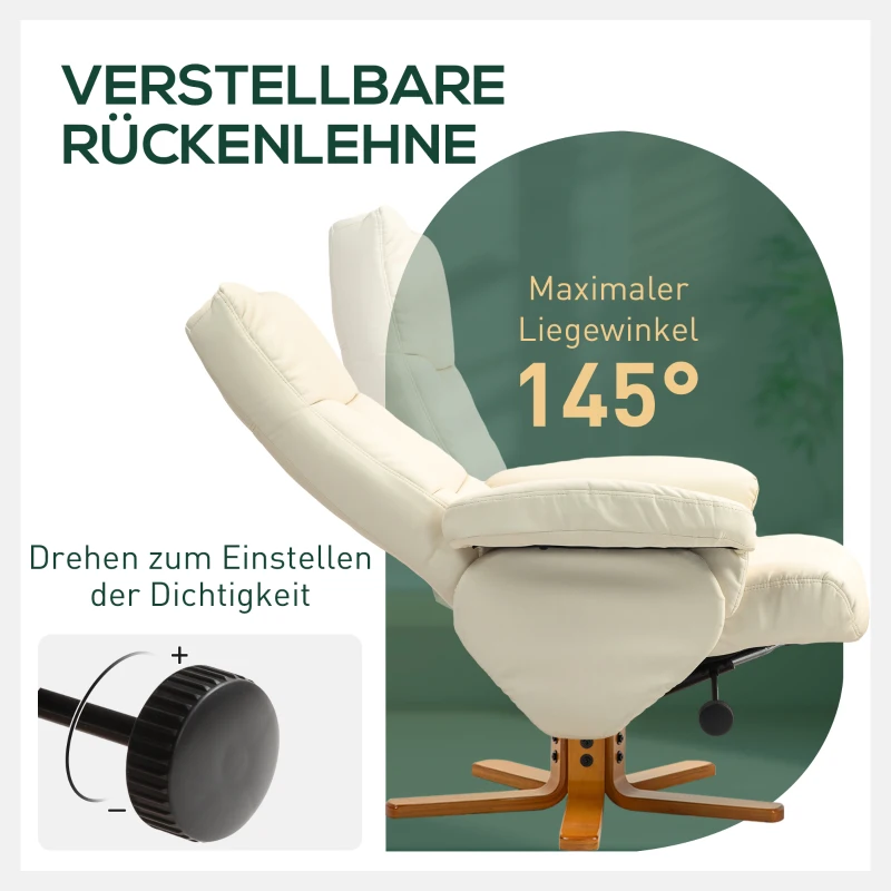 HOMCOM Relaxfauteuil met Hocker, 145° Kantelbare Rugleuning, 360° Draaibaar, Kunstleer, Crèmewit