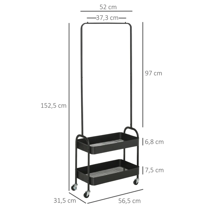 HOMCOM Metalen Kledingrek met Schoenenplank, Verrijdbaar, Vrijstaand, Zwart