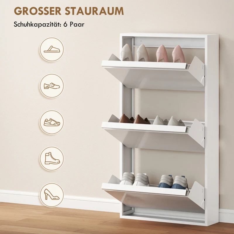 HOMCOM Metalen schoenenkast met 3 klapladen, slank ontwerp, wandmontage, voor 6 paar schoenen, wit
