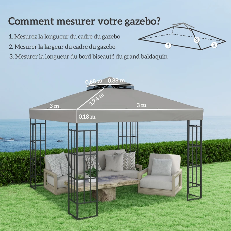 Outsunny Toile pour tonnelle 3 x 3 m toile de rechange pour tonnelle à 2 niveaux protection UPF30+ trous de drainage gris