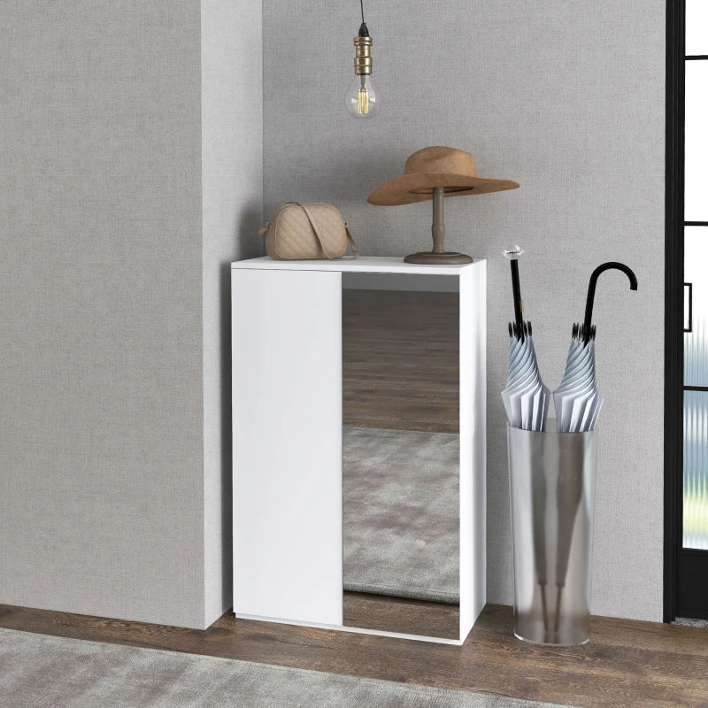 HOMCOM Sapateira com Espelho Móvel Sapateira para 18 Pares de Sapatos com Prateleiras Ajustáveis 60x32x95 cm Branco