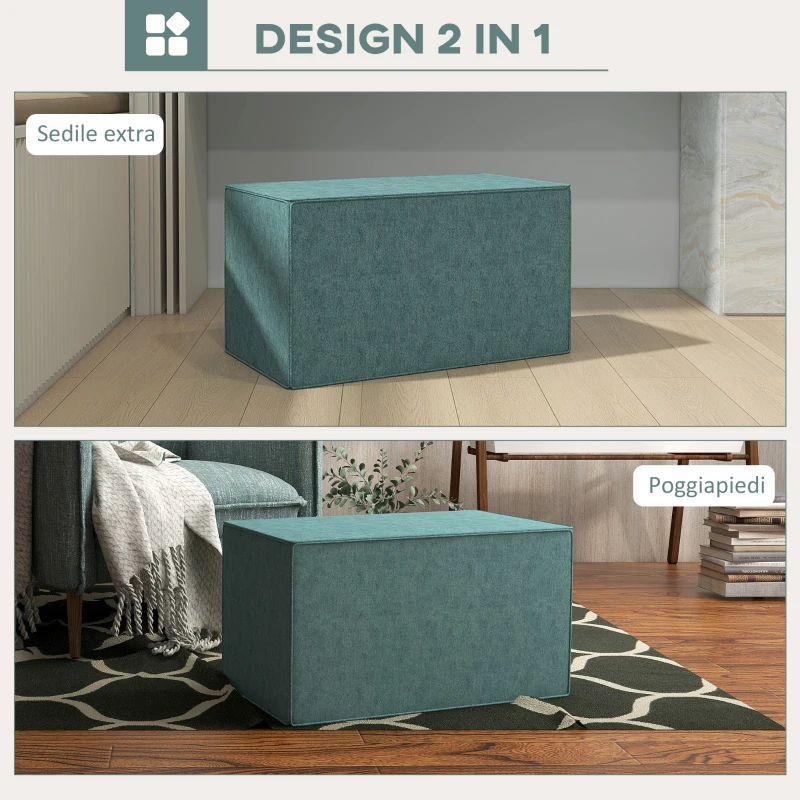 HOMCOM Poggiapiedi 2 in 1 con Rivestimento Rimovibile in Tessuto Effetto Lino, 75x41x41 cm, Verde