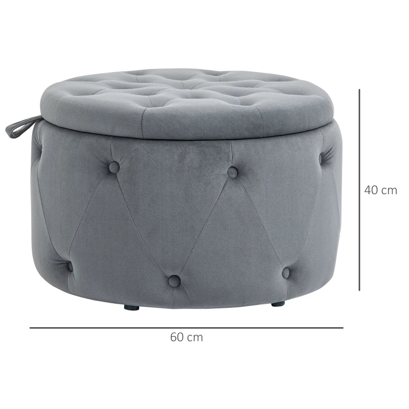 HOMCOM Poef, rond, met opbergruimte, doorgestikt ontwerp met knopen, bekleding in fluwelen uiterlijk, grijs, 60 x 60 x 40 cm