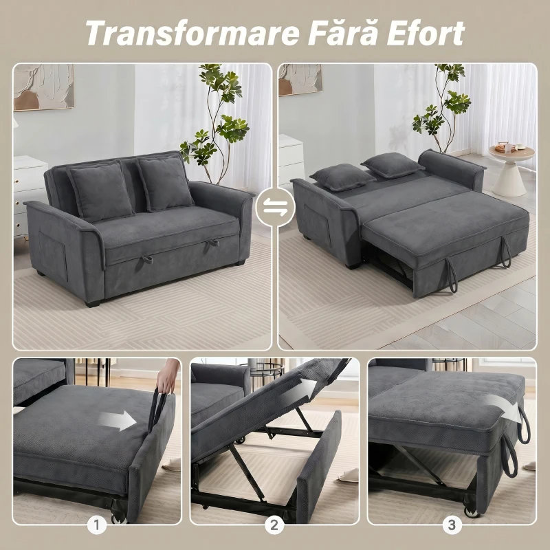 HOMCOM 3 în 1 Canapea Extensibilă 2 Locuri cu Spătar Reglabil în 3 Poziții și 2 Perne Chenille, Gri Închis