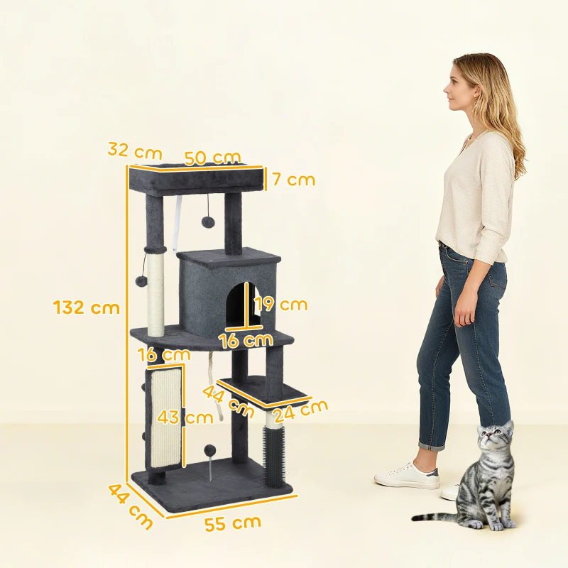 PawHut Arbre pour Chats Multiniveaux Haut 132 cm avec Maisonnette, Lit, Poteaux à Griffer, Brosse et Balle, Gris Foncé