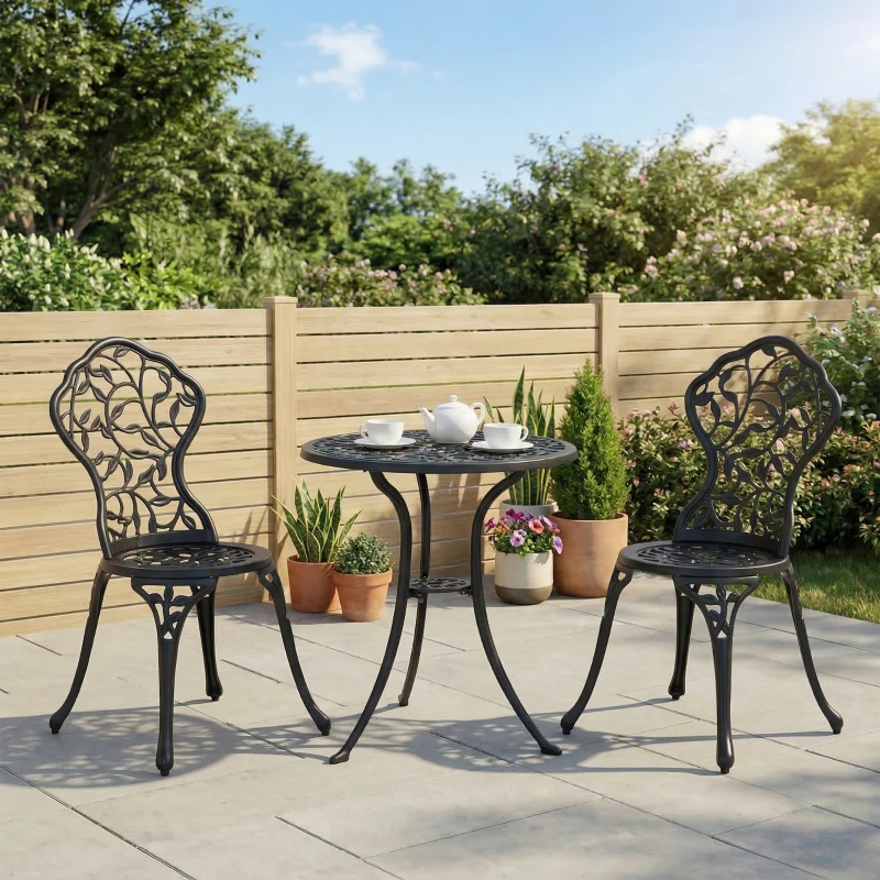 Outsunny Ensemble de bistrot 3 pièces avec 2 chaises et 1 table ronde style antique, pour jardin, terrasse, balcon, noir