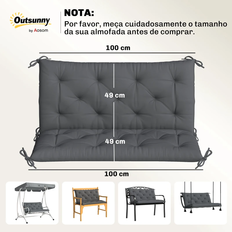 Outsunny Almofada para Banco de Jardim com Encosto, 100x98x8 cm, Almofada de Banco de 2 Lugares para Interior e Exterior com Enchimento Espesso e Tiras de Fixação, para Baloiço, Terraço, Varanda Cinzento Escuro