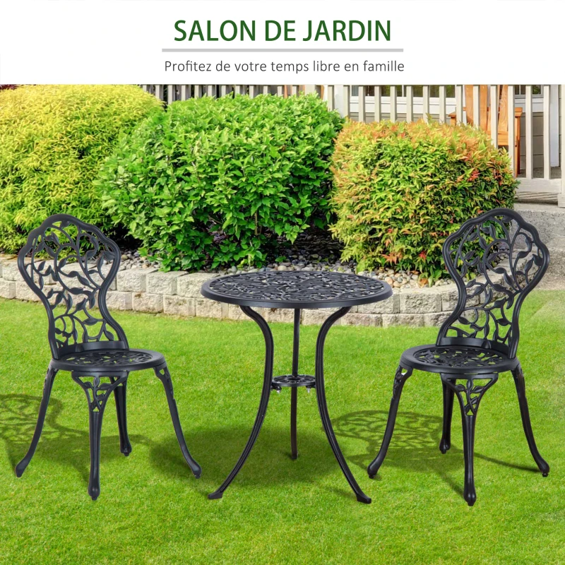 Outsunny Ensemble de bistrot 3 pièces avec 2 chaises et 1 table ronde style antique, pour jardin, terrasse, balcon, noir