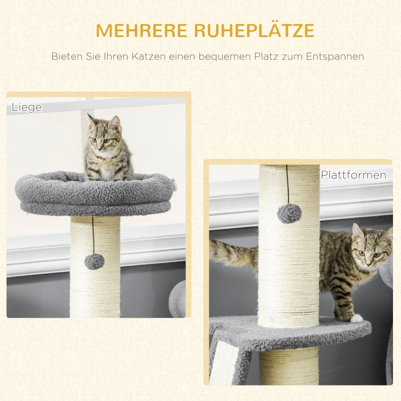 PawHut kattenboom, een platform, hangende speelgoedbal, sisal, donkergrijs+roomwit, 48 x 48 x 92 cm