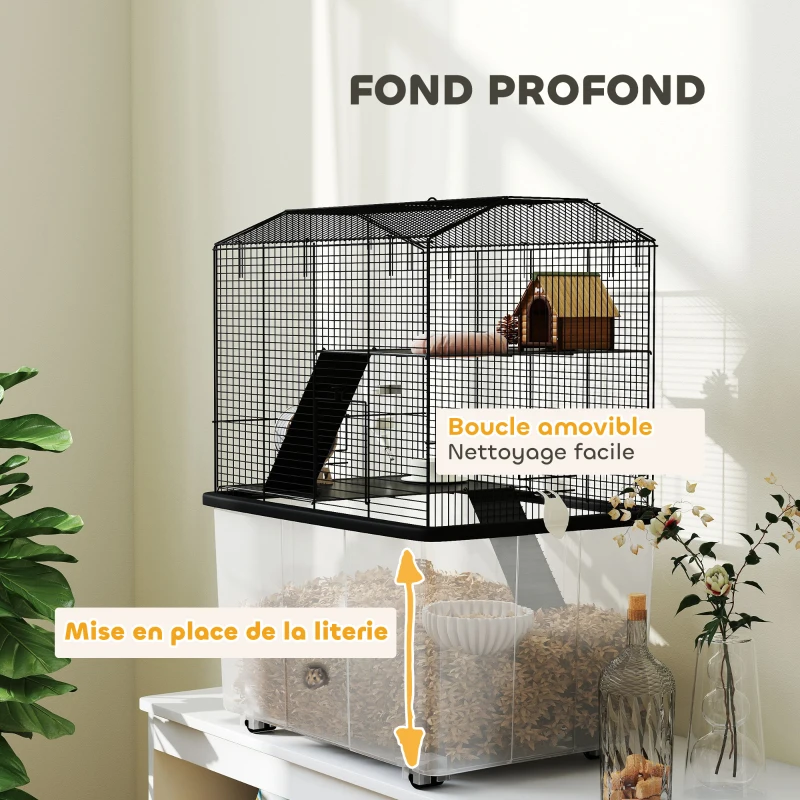 PawHut Cage hamster cage rongeur 3 étages avec roulettes plate-forme et échelle en fil d'acier 57 x 43 x 74 cm noir