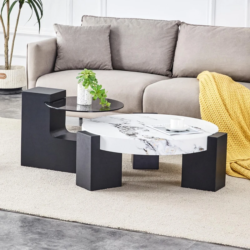 Table basse ronde moderne à 2 niveaux, design démontable et modulable, bords arrondis, 61x61x30 cm, Blanc+Noir
