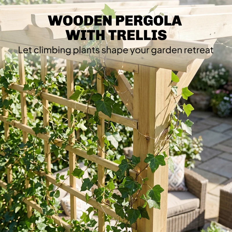 Outsunny 3 x 3 m Wooden Pergola Kit, Garden Pergola Gazebo Arch with Trellis for Climbing Vines, Flowers, Nature Wood Finish