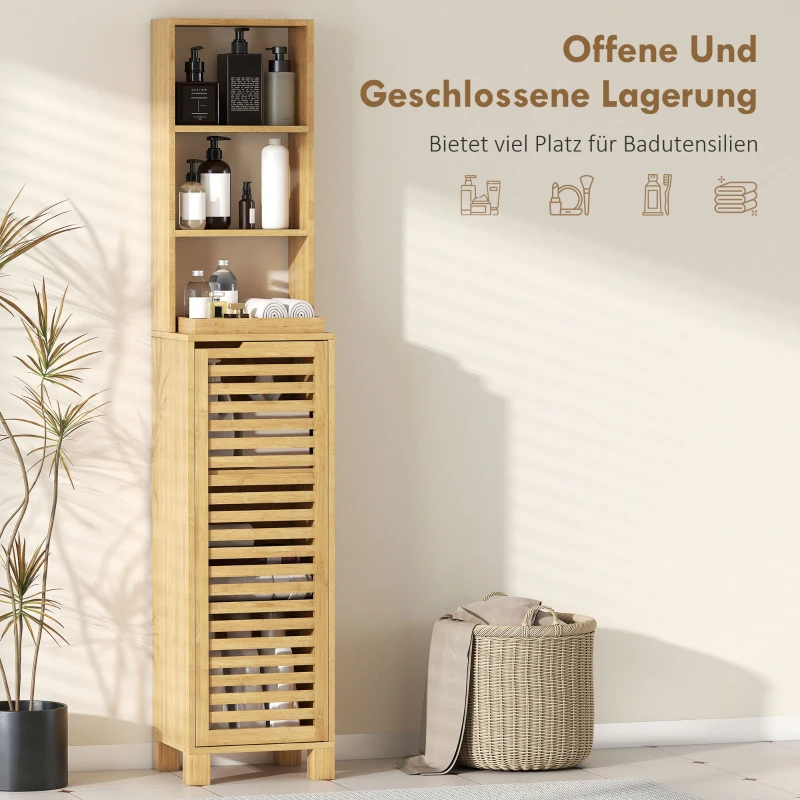 HOMCOM Smalle badkamerkast, hoge kast met 3 open planken, verstelbare planken, lamellendeur, 34 x 30 x 170 cm Naturel
