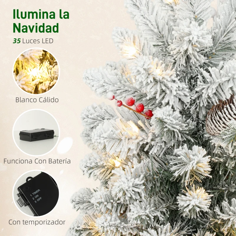 HOMCOM Mini Árbol de Navidad Artificial 60 cm con 35 Luces LED 72 Ramas Densas con Nieve Adornos y Base de Arpillera Verde
