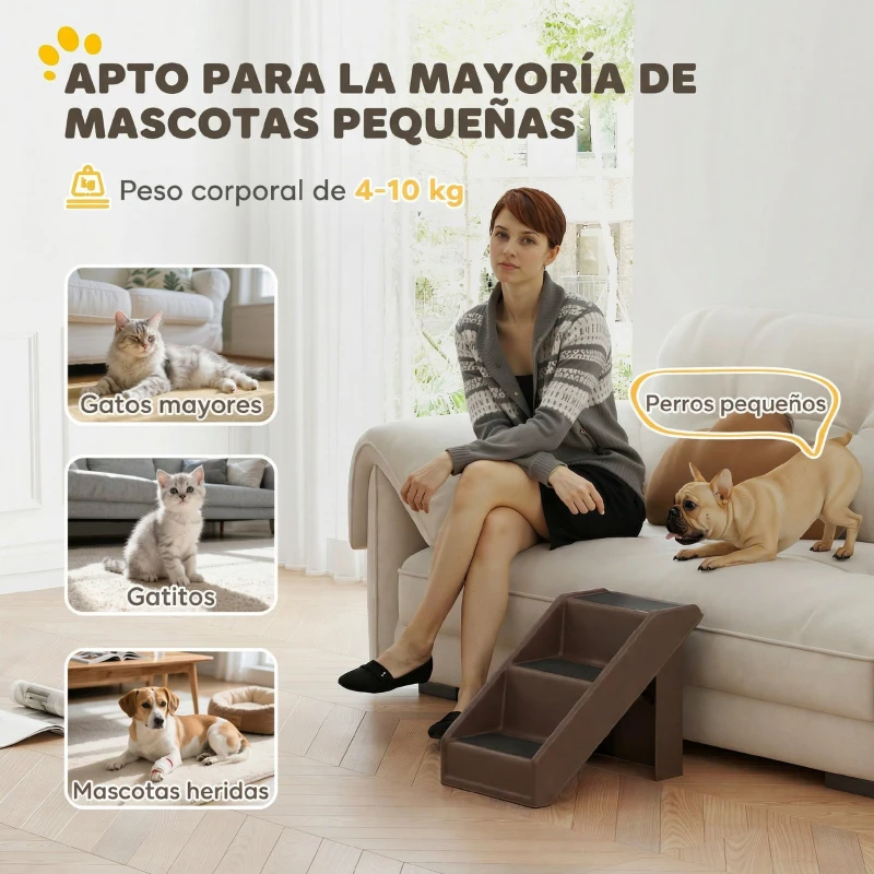 PawHut Escalera para Perros Plegable de 3 Peldaños para Mascotas Mayores para Cama Sofá 53x30,5x36,5 cm Marrón